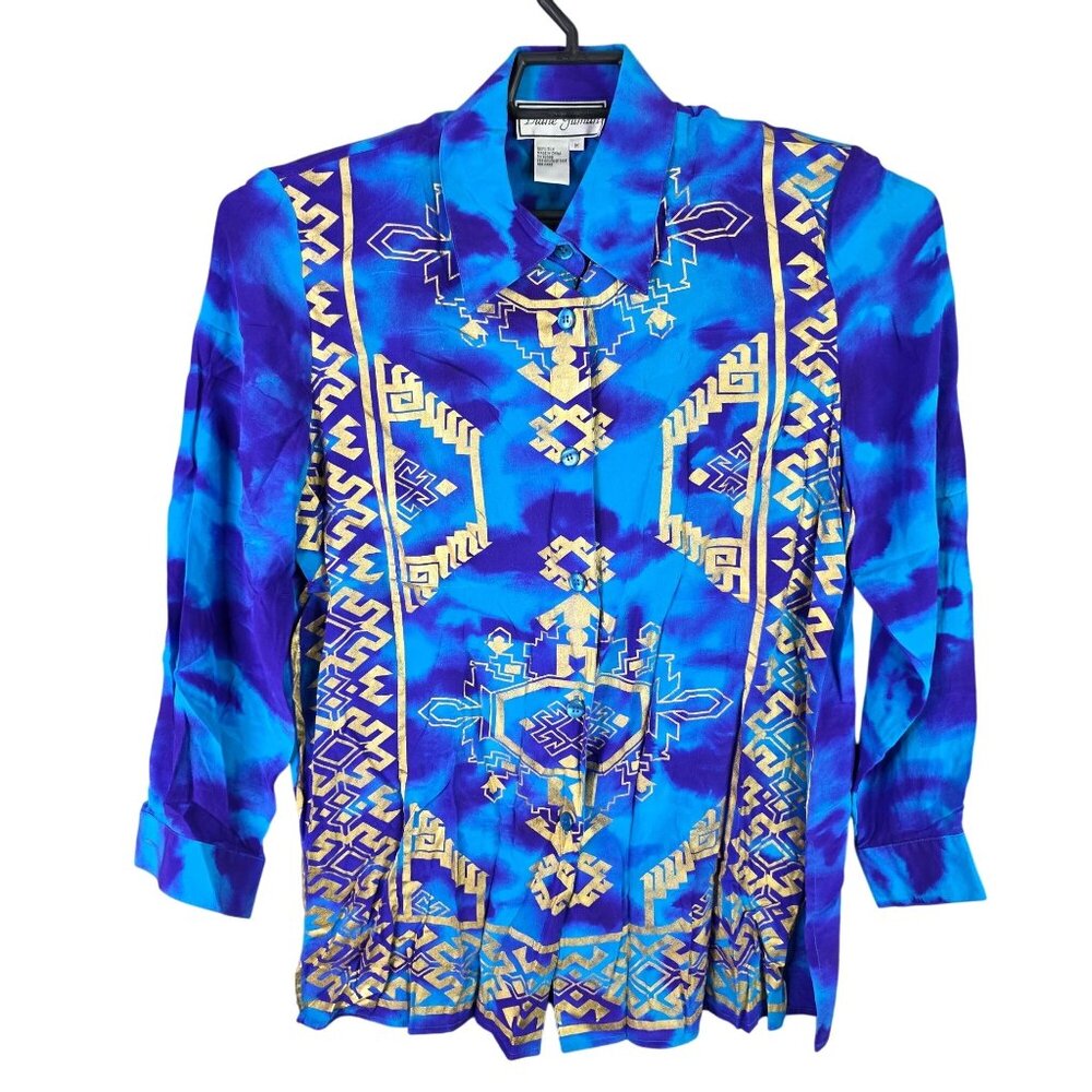 Womens Vintage Diane Gilman Blue & Purple Abstract 100% Silk Blouse Button Up M